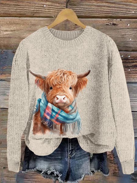 Scottish Highland Bull Round Neck Sweater, Sweaters, Lilicloth.com - Image 2