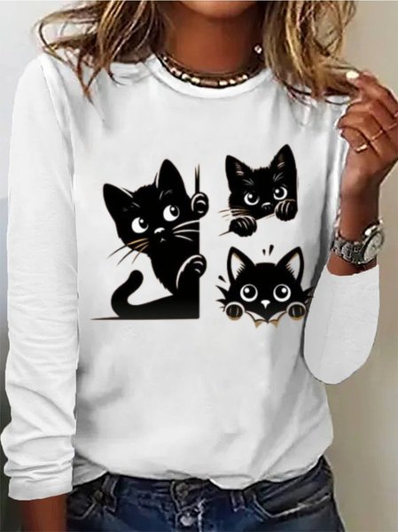 Cat Print Casual T-Shirt, Long sleeves, Lilicloth.com - Image 2