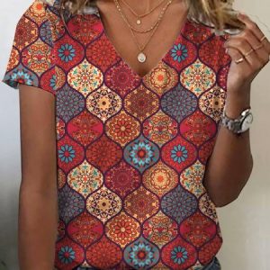 Ethnic Print Short Sleeve V-Neck T-shirt, T-shirts, Lilicloth.com