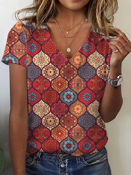 Ethnic Print Short Sleeve V-Neck T-shirt, T-shirts, Lilicloth.com