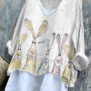 Women's Easter (rabbit) Long Sleeve Blouse_ Spring/Fall Printing V Neck Daily Casual Top, JustFashionNow Blouses, color:As Picture|size:4XL,