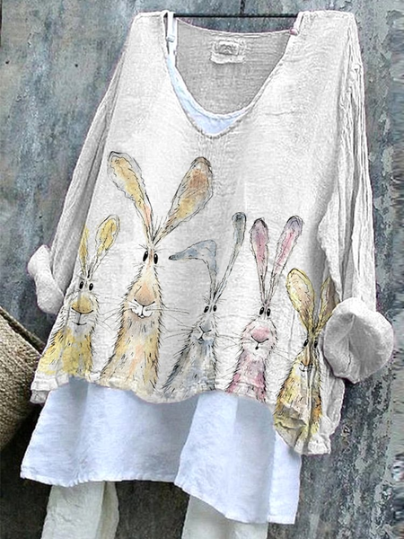 Women's Easter (rabbit) Long Sleeve Blouse_ Spring/Fall Printing V Neck Daily Casual Top, JustFashionNow Blouses, color:As Picture|size:4XL,