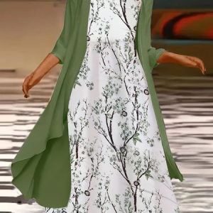 Women Floral Printing Two-Piece Set Daily Three Quarter Sleeve Casual Spring/Fall Dress With Coat Matching Set, JustFashionNow Suit Set, color:White-green|size:XXL,