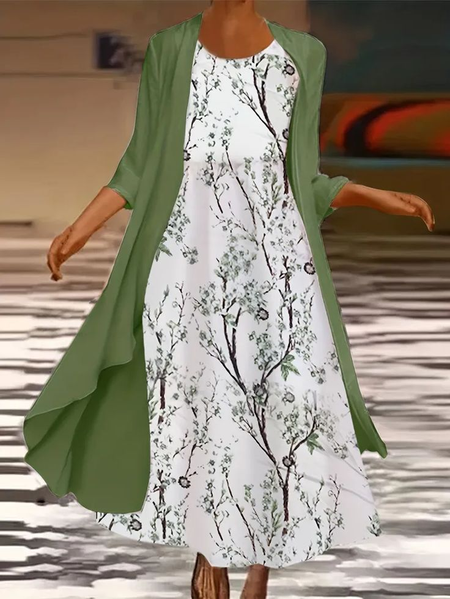 Women's Floral Printing Two-Piece Set Daily Three Quarter Sleeve Casual Spring/Fall Coat With Skirt Matching Set, JustFashionNow Suit Set, color:White-green|size:XXL,