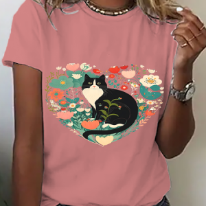 Floral Tuxedo Cat Cotton T-Shirt, T-shirts, Lilicloth.com