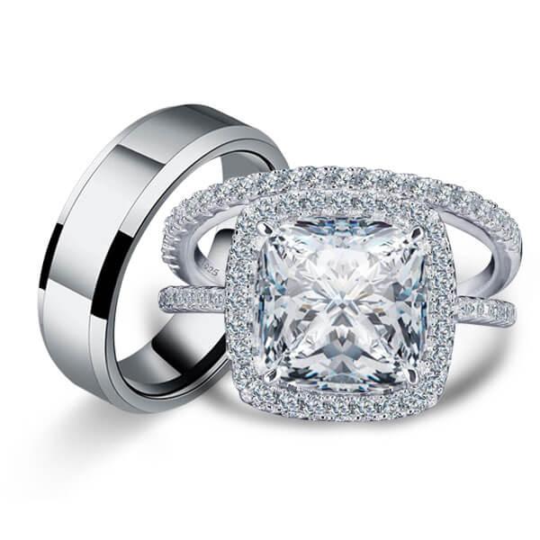 trio ring sets - Italo Halo Cushion Trio Matching Wedding Set, Italo jewelry - Online Catalog