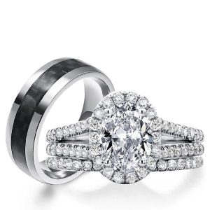 Trio ring sets - Italo Halo Oval Cut Wedding Ring Sets His And Hers, Italo jewelry - Online Catalog