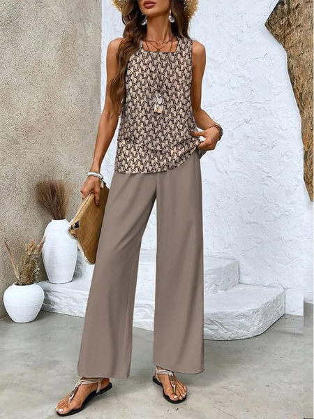 Women's Plain Daily Going Out Two Piece Set Sleeveless Casual Summer Top With Pants Matching Set, JustFashionNow Suit Set, color:Brown|size:3XL,