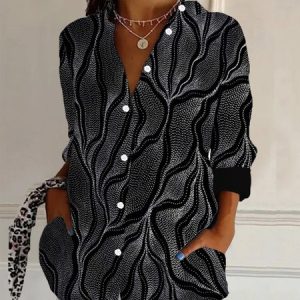 Women's Long Sleeve Shirt Spring/Fall Geometric Shirt Collar Daily Going Out Casual Top, JustFashionNow Shirts, color:Black|size:XXL,