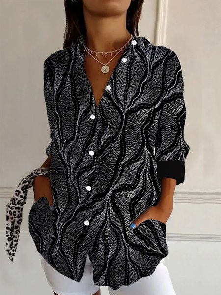 Women's Long Sleeve Shirt Spring/Fall Geometric Shirt Collar Daily Going Out Casual Top, JustFashionNow Shirts, color:Black|size:XXL,