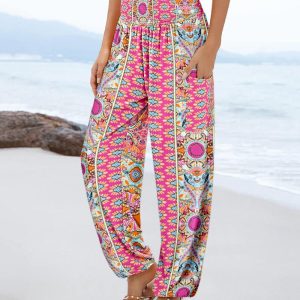 Tribal Print Shirred High Waist Cinched Hem Long Pants Vacation Pants with Pocket Vintage Pants, women Pants, ChicMe catalog