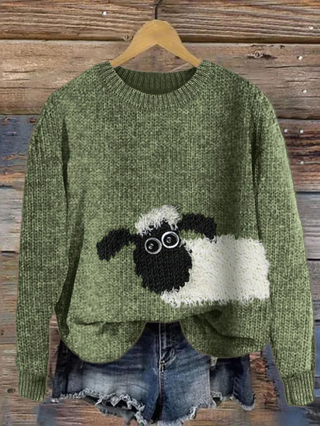 Women's Cute Sheep Print Knitted Crew Neck Casual Sweater, Sweaters, Lilicloth.com - Image 2