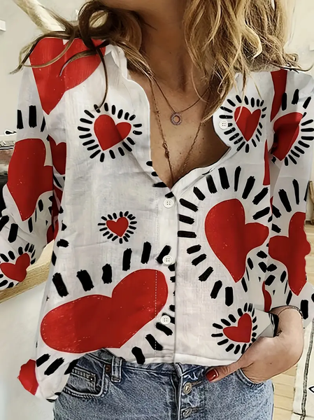 Women's Long Sleeve Shirt Spring/Fall Heart/Cordate Printing Shirt Collar Daily Going Out Casual Top, JustFashionNow Shirts, color:White|size:XXL,
