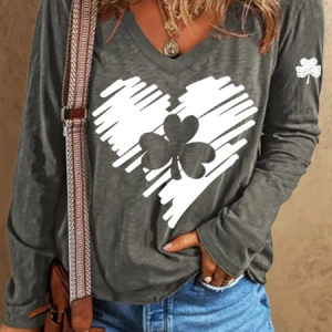 Women's Shamrock Long Sleeve Tee T-shirt V Neck Printing Casual Spring/Fall Top, JustFashionNow T-Shirts, color:Gray|size:XXL