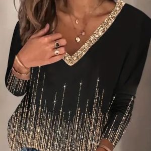 Women's Long Sleeve Tee T-shirt Spring/Fall 3D Printing Jersey V Neck Daily Going Out Casual Top, JustFashionNow T-Shirts, color:Black|size:XXL,
