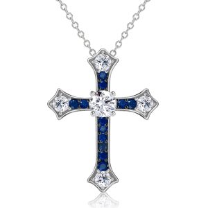 necklaces - Italo Round Cut Blue Sapphire Cross Necklace Silver Necklace, Italo jewelry - Online Catalog