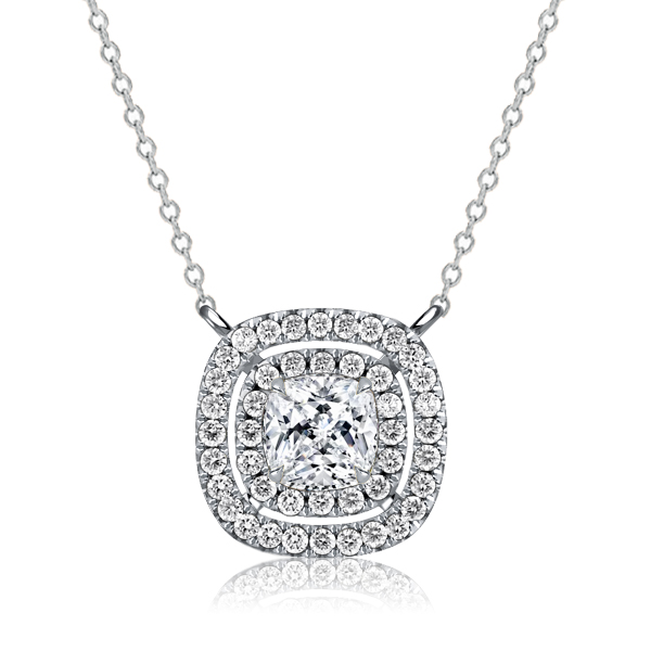necklaces - Italo Double Halo White Sapphire Cushion Cut Pendant Necklace, Italo jewelry - Online Catalog