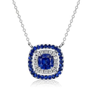 necklaces - Italo Double Halo Blue Sapphire Cushion Cut Pendant Necklace, Italo jewelry - Online Catalog