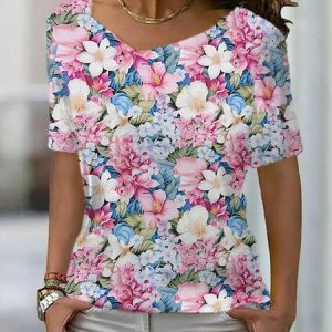 Women's Short Sleeve Tee T-shirt Summer Floral V Neck Casual Top, JustFashionNow T-Shirts, color:Pink|size:XXL,