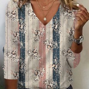 Women's Long Sleeve Tee T-shirt Spring/Fall Floral Jersey V Neck Daily Going Out Casual Top, JustFashionNow T-Shirts, color:Apricot|size:XXL,