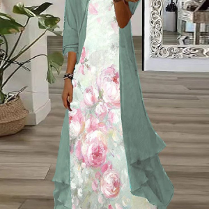 Women Floral Printing Two-Piece Set Daily Three Quarter Sleeve Casual Spring/Fall Dress With Coat Matching Set, JustFashionNow Suit Set, color:As Picture|size:XXL