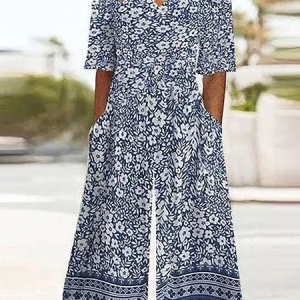 Women's Floral V Neck Half Sleeve Casual Summer Jumpsuit, JustFashionNow Jumpsuits＆Rompers, color:Purplish Blue|size:4XL,