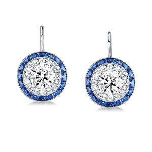 earrings - Luxury Halo Created White & Blue Sapphire Drop Earrings, Italo jewelry - Online Catalog