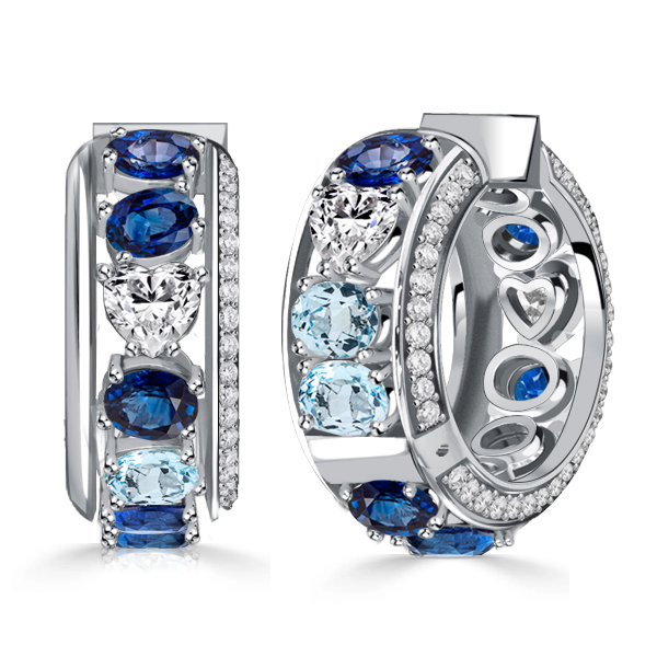 earrings - Italo Oval Cut Blue Sapphire Aquamarine Silver Hoop Earrings, Italo jewelry - Online Catalog