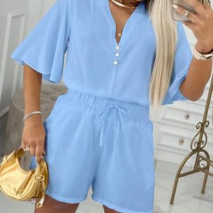 2 Pieces Outfit Button Decor V Neck Bell Sleeve Top and Casual Drawstring Elastic Waist Shorts Set, women Two-piece Sets, ChicMe catalog