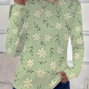 Casual Floral Print Crew Neck Long Sleeve T-shirt, T-shirts, color:Green|size:XXL, catalog Noracora shop