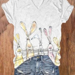 Casual Rabbit V Neck Short Sleeve T-shirt, T-shirts, color:White|size:5XL, catalog Noracora shop