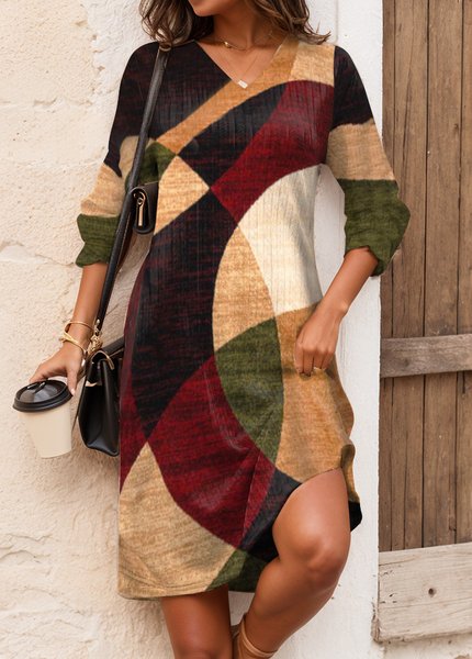 Women's Long Sleeve Summer Geometric Jersey Dress V Neck Daily Going Out Casual Midi A-Line TUNIC, JustFashionNow Dresses, color:Brown|size:XXL,