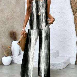 Women's Striped Printing Two-Piece Set Daily Sleeveless Casual Summer Top With Pants Matching Set, JustFashionNow Suit Set, color:Black|size:XXL,