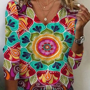Women's Long Sleeve Tee T-shirt Spring/Fall Ethnic Jersey V Neck Holiday Going Out Casual Top, JustFashionNow T-Shirts, color:Multicolor|size:XXL,