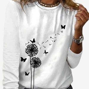 Women's Dandelion Long Sleeve Tee T-shirt Crew Neck Casual Spring/Fall Floral Top, JustFashionNow T-Shirts, color:White|size:XXL,
