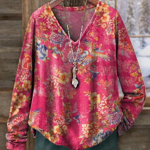 Women's Long Sleeve Tee T-shirt Spring/Fall Floral Printing V Neck Casual Graphic Tee Top, JustFashionNow T-Shirts, color:Pink|size:XXL,