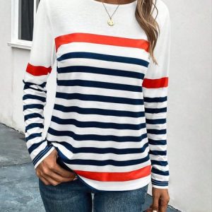 Women's Long Sleeve Tee T-shirt Spring/Fall Striped Crew Neck Daily Going Out Casual Top, JustFashionNow T-Shirts, color:White|size:3XL,