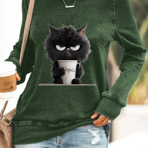 Casual Crew Neck Cat Sweatshirt, T-shirts, color:Dark Green|size:4XL, catalog Noracora shop