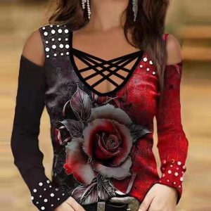 Floral Print Beaded Cold Shoulder Top, women T-shirt & Tees, ChicMe catalog