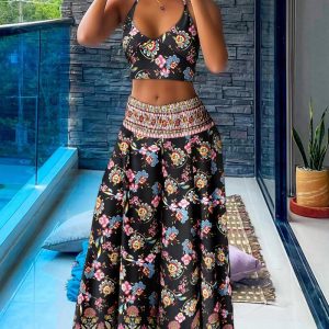 2 Piece Tribal Pattern Haltered Crop Top with Shirred High Waist Wide Leg Pants Vacation Pants Set, women Two-piece Sets, ChicMe catalog