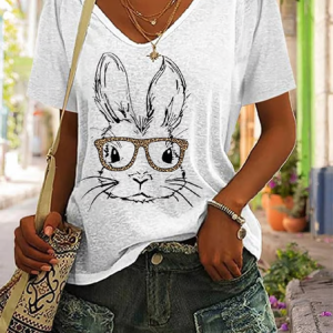 Women's Easter (rabbit) Short Sleeve Tee T-shirt V Neck Printing Casual Summer Graphic Tee Top, JustFashionNow T-Shirts, color:White|size:XXL,