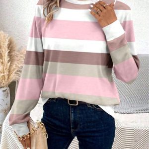 Women's Long Sleeve Tee T-shirt Spring/Fall Striped Jersey Crew Neck Daily Going Out Casual Top, JustFashionNow T-Shirts, color:Pink|size:XXL,