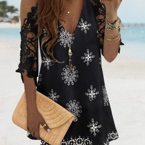 Floral Print Contrast Lace Short Sleeve V Neck Dress Casual A Line Boho Mini Dress, women Print Dresses, ChicMe catalog