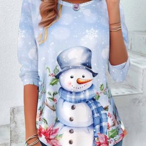 Women's Long Sleeve Tee T-shirt Spring/Fall Christmas Snowman Printing Jersey Crew Neck Holiday Going Out Casual Top, JustFashionNow T-Shirts, color:Light Blue|size:XXL,