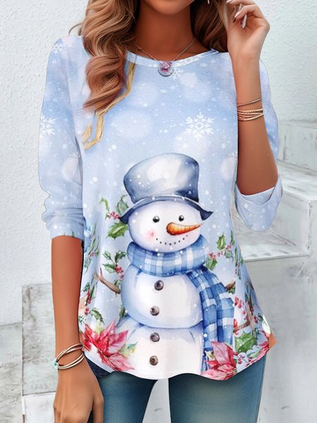 Women's Long Sleeve Tee T-shirt Spring/Fall Christmas Snowman Printing Jersey Crew Neck Holiday Going Out Casual Top, JustFashionNow T-Shirts, color:Light Blue|size:XXL,