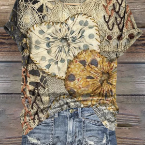 Vintage Heart Pattern Crew Neck Short Sleeve T-shirt, T-shirts, color:Brown|size:4XL, catalog Noracora shop