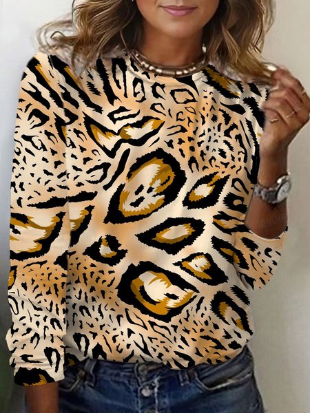 Leopard Print Long Sleeve Crew Neck T-shirt, Long sleeves, Lilicloth.com