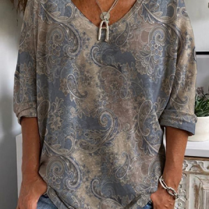 Women's Floral Long Sleeve Tee T-shirt V Neck Printing Casual Spring/Fall Graphic Tee Top, JustFashionNow T-Shirts, color:Blue|size:XXL