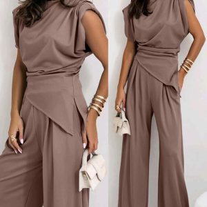 2 Pieces Outfit Asymmetrical Sleeveless Ruched Top and Casual Strechy Waist Wide Leg Pants Set, women Two-piece Sets, ChicMe catalog
