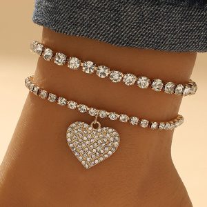 2pcs Rhinestone Heart Pattern Stackable Anklet Set, women Anklet, ChicMe catalog